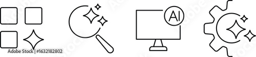 Set of generated AI icons. Artificial intelligence icon set. Pixel perfect. Containing AI, deep learning, machine learning. Artificial intelligence element for apps and web. Vector illustration. 