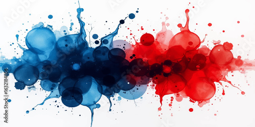 Red and blue paint splatter, ink splashes, and watercolor stains form a vivid, colorful grunge art pattern
