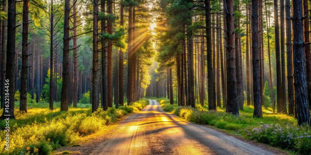 Golden sunbeams illuminate a tranquil forest path, creating a magical, serene atmosphere Golden sunbeams illuminate a tranquil forest path, creating a magical, serene atmosphere