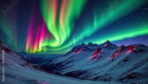 Wallpaper Mural Vibrant green and magenta aurora display over snowy mountain landscape night sky nature photography majestic viewpoint Torontodigital.ca