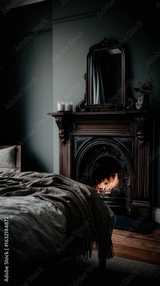Obraz premium A cozy bedroom with a vintage fireplace and warm lighting.