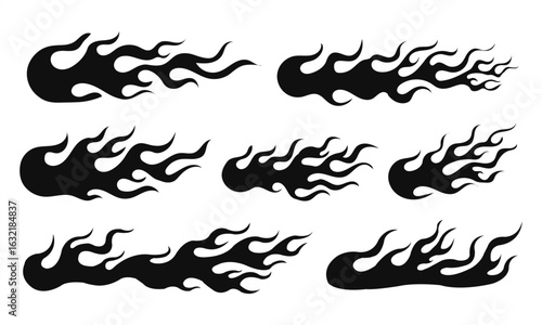 Flaming fireball vector icons. Black flame trail silhouettes set.
