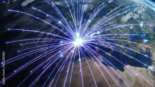 Futuristic Global Network Visualization Showing Data Flow and Connections Across Europe from Space
