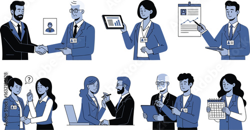 Various business professionals in different scenarios such as meetings and handshakes depicted