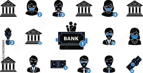 Bank icons with people wearing masks and money with queue numbers in black and blue colors