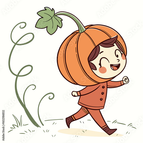 Happy child wearing pumpkin costume while running outdoors  