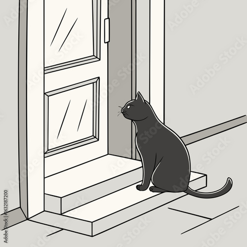 Black cat sitting by the doorsteps looking outside  