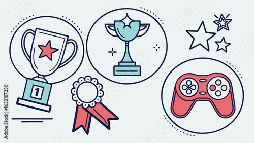 Vector icons representing gamification elements such as progress, rewards, medals, coins, badges, and leadership boards in a modern line style.