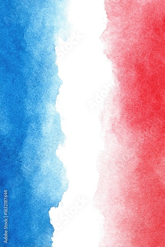 Watercolor abstract design.  Two vertical bands of vibrant, blended colors;  pale blue on the left, and pale red on the right, meet on a central white stripe.  