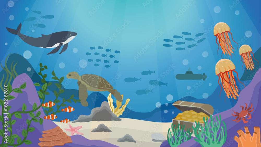 Fototapeta premium Under the Sea With Coral Reefs, Shells, Seaweed, Clownfish, Turtles, Jellyfish, Whales, Crabs, Starfish, Submarine and Treasures Vector Illustration
