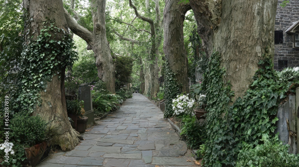 Fototapeta premium Paved walkway lined with large trees and greenery in a historic garden.