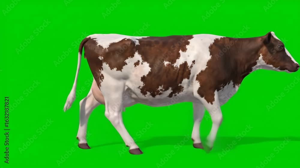 Red white cow walking on a Green screen background. Cyclic animation. Green Screen Can also use as a silhouette. Animal Graphic Resources.
Red white cow walking on a Green screen background. Cyclic animation. Green Screen Can also use as a silhouette. Animal Graphic Resources.