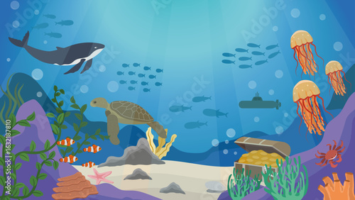 Under the Sea With Coral Reefs, Shells, Seaweed, Clownfish, Turtles, Jellyfish, Whales, Crabs, Starfish, Submarine and Treasures Vector Illustration