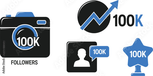 Social media icons showing camera profile chart and star with one hundred k followers achievement