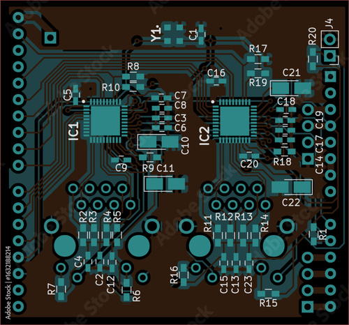 Vector printed circuit board of electronic 
device with components of radio elements, 
conductors and contact pads placed on pcb. 
Engineering technical drawing. Computer technic cad design.