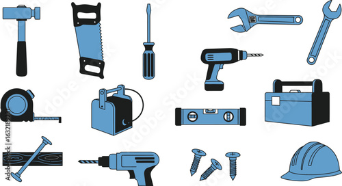 Illustration of various construction and repair tools arranged on a white background surface
