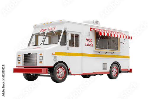 Retro style food truck, white with red and yellow accents.