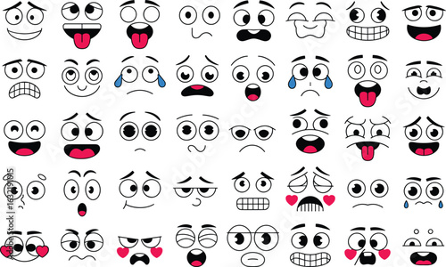 Cartoon emotion faces, expressive character grid, happy sad angry surprised, visual emotion chart, illustration set