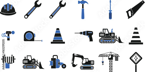 A collection of construction and building icons including tools and heavy machinery in black and blue