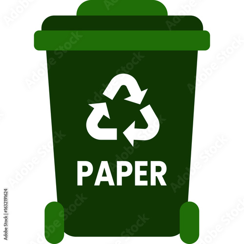 Green paper waste bin icon designated for collecting recyclable paper, documents, and cardboard materials.