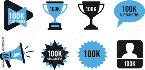 A collection of icons celebrating one hundred thousand subscribers with trophies and megaphone images