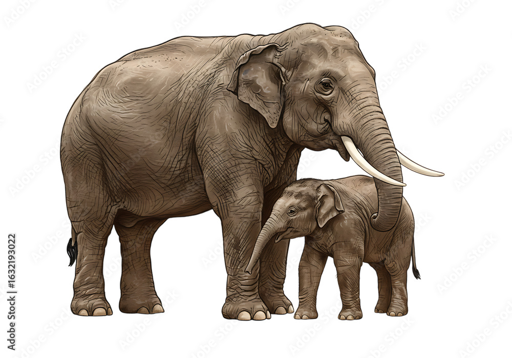 Obraz premium Detailed illustration of an adult elephant and a baby elephant, isolated on white or transparent background. PNG, for wildlife, nature, and family themes