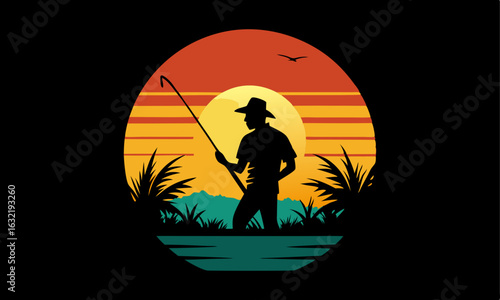 Download A Sunset Silhouette Fisherman Vector Illustration  Eps File For Design.