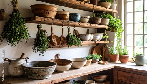 Wallpaper Mural Rustic Kitchen Displaying Herbs, Pottery, and Wooden Utensils with Natural Light Torontodigital.ca