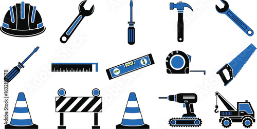 A collection of construction tools and equipment including hardhat wrenches and safety cones on white