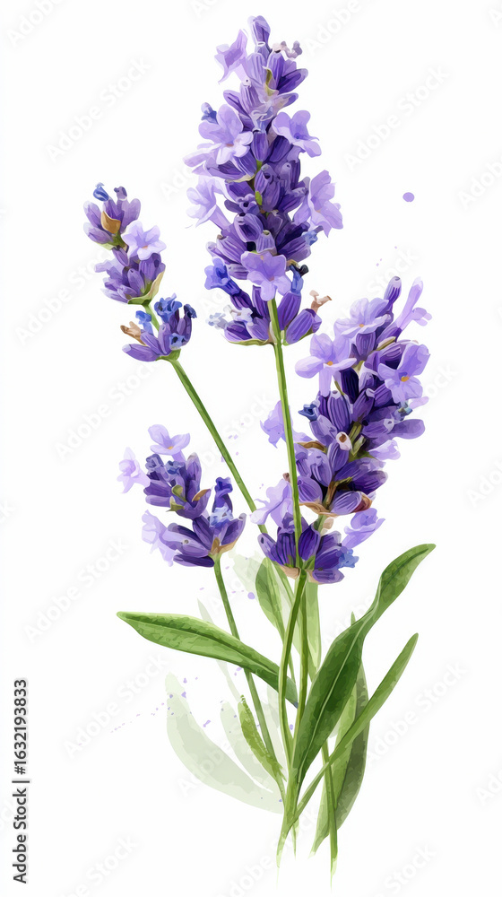 Fototapeta premium Lavender blooms on white background with green stems and purple flowers