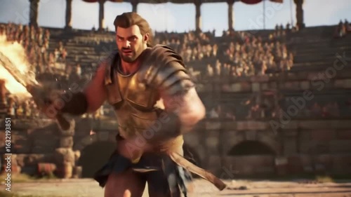 Wallpaper Mural Gladiator's Fiery Sword Dance: Epic Arena Battle with Burning Blade Torontodigital.ca