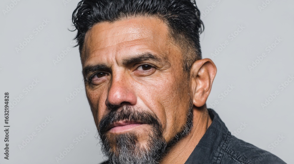 Obraz premium Portrait of a mature hispanic male with beard and short hair against neutral background