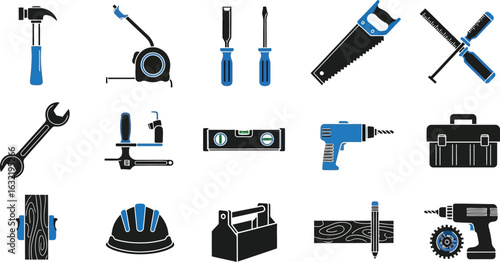 An illustration of various construction and carpentry tools arranged on a white background surface