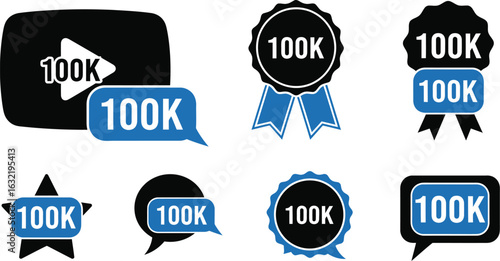 A set of black and blue icons and badges displaying the number one hundred thousand on a white background