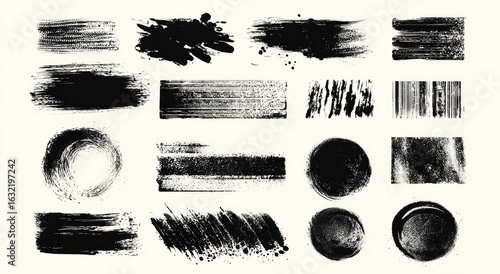 Abstract black paintbrush strokes and splatters on white background