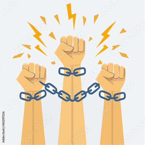 Vector concept of a protest for freedom, with unified fists rising against chains of oppression and injustice.