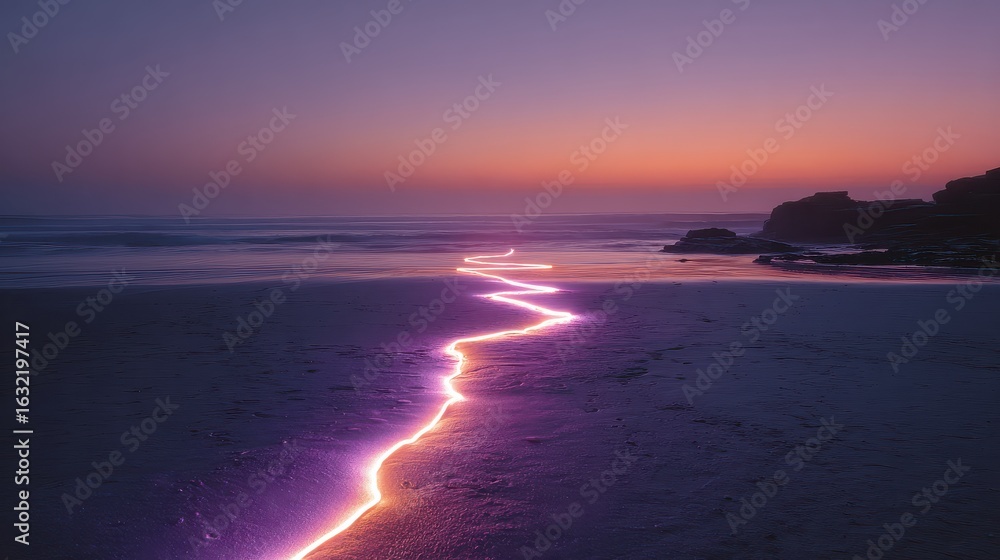 Fototapeta premium A serene sunset view showcasing a sandy beach illuminated by pink and purple lights creating a tranquil atmosphere perfect for relaxation and reflection on nature's beauty