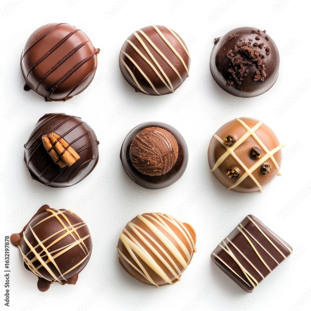 Obraz premium Assortment of gourmet chocolate truffles. Nine individually-wrapped, round chocolate treats, displayed top-down on a white background, showcasing various fillings, decorations, and ganache styles. 