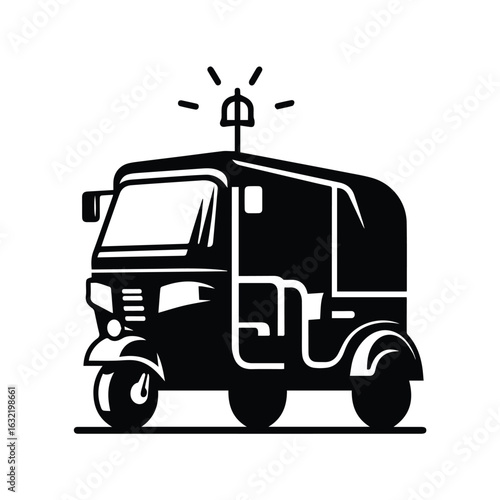 Traditional Tuk Tuk Auto Rickshaw Vector Illustration in Black and White Silhouette for Street Transport and Vintage Taxi Design Concepts