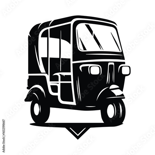 Traditional Tuk Tuk Auto Rickshaw Vector Illustration in Black and White Silhouette for Street Transport and Vintage Taxi Design Concepts