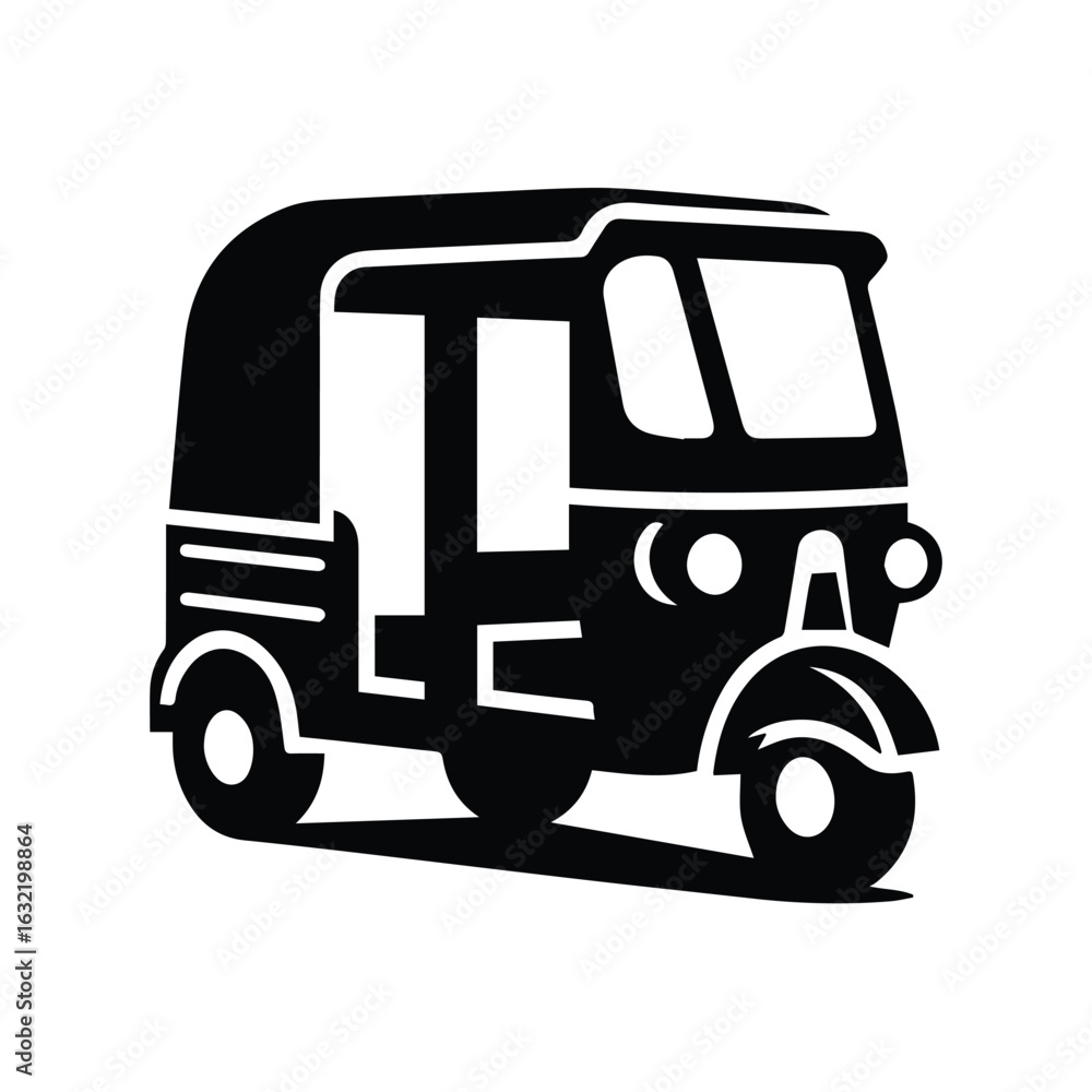Fototapeta premium Black and White Silhouette Vector of Auto Rickshaw or Tuk Tuk for Urban Transport, Vintage Taxi, and Traditional Vehicle Illustration