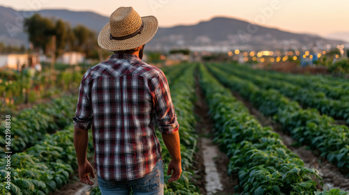 Agricultor caminando entre cultivos al atardecer en zona rural