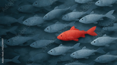 Red fish stands out from grey school
