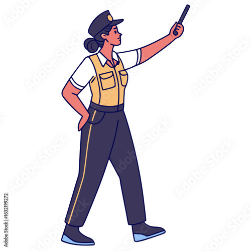 Female police officer directing traffic with a baton in uniform  