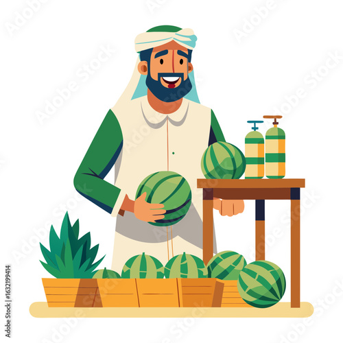 Download An Arab In The Bazaar Sells Melons, Vector Art Illustration  . This Icon Concept Isolated Premium Vector. Flat Cartoon Style Svg File For Design.