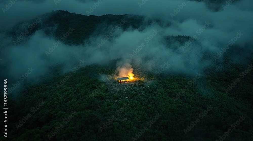 Obraz premium A Lone Bonfire's Warm Glow Pierces the Misty Twilight on a Remote Forested Hill