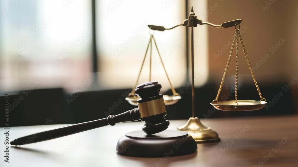 Gavel sits next to scales justice on wooden surface. scene evokes themes law, fairness, judicial proceedings. balance symbolizes equality, impartiality. Gavel sits next to scales justice on wooden surface. scene evokes themes law, fairness, judicial proceedings. balance symbolizes equality, impartiality.