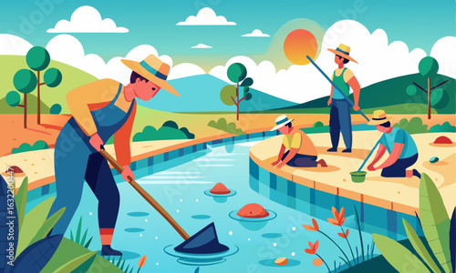 Download Labor Work On The Pond, Vector Illustration . This Icon Concept Isolated Premium Vector. Flat Cartoon Style Svg File For Design.