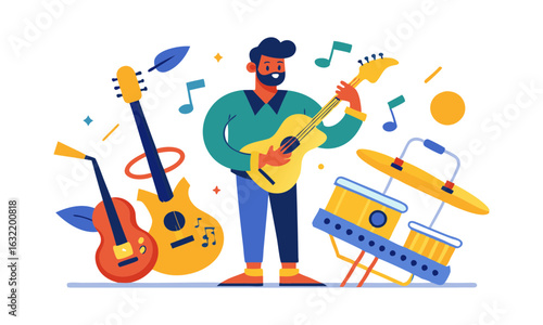 Download A Man Playing Musical Instruments Vector Illustration . This Icon Concept Isolated Premium Vector. Flat Cartoon Style Svg File For Design.