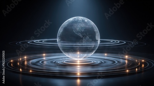 Glowing holographic Earth globe with illuminated grid lines and concentric light rings on a dark background, symbolizing futuristic global networks and data flow